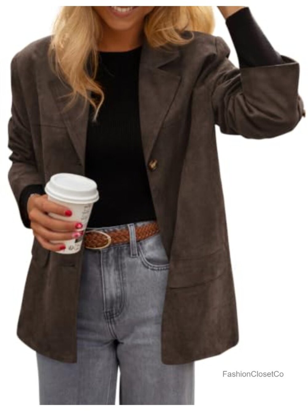 Faux Suede Blazer Button Down Lapel Long Sleeve Business Casual Jacket